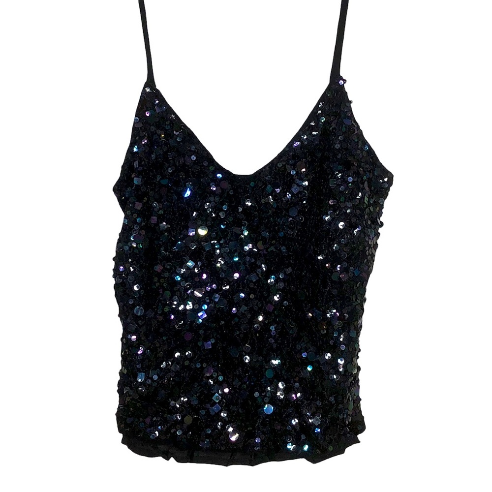 ANDREA ROSATI Vintage Black Geometric Sequin Viscose Tank Top Y2K